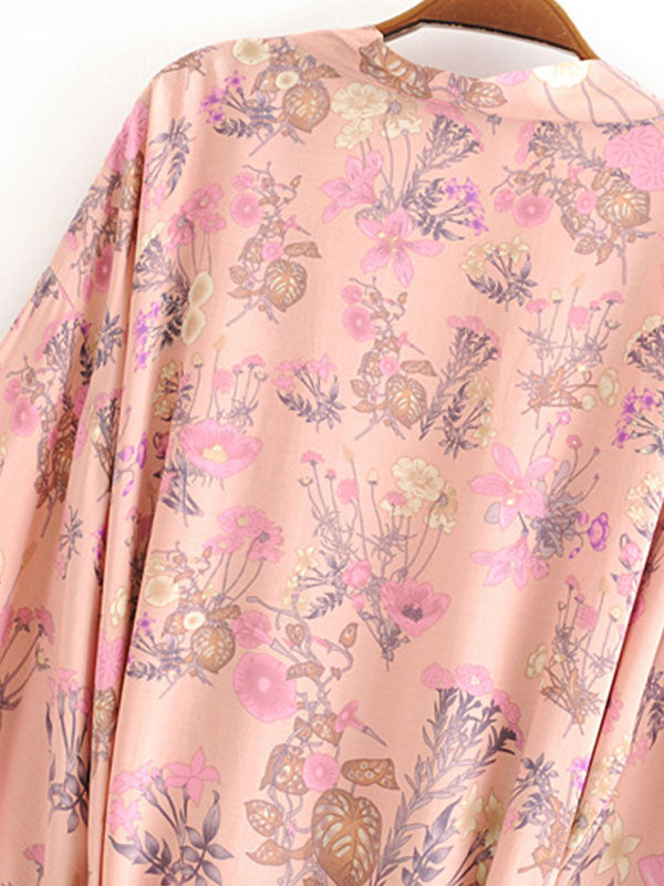Short Kimono Floral Print Pink Cotton Viscose Short Length Gown Kimono Duster Robe