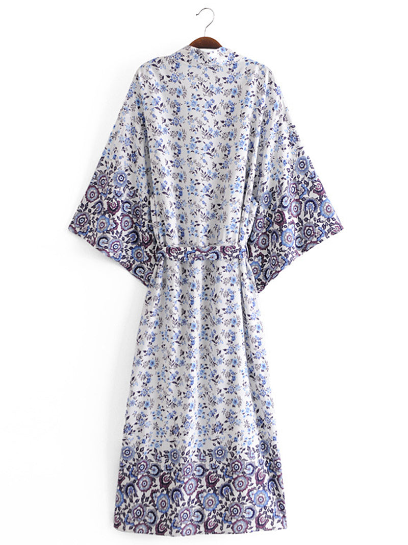 Robe de nuit longue en coton à imprimé floral de couleur verte, kimono long