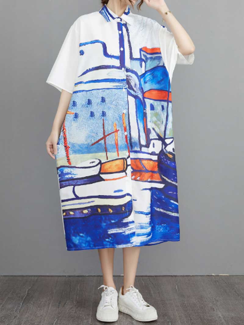 Abstract Art Print Cotton Short Sleeve A-Line Shirt Dress