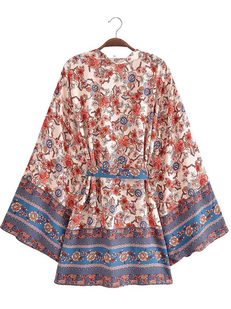 Robe courte kimono en coton à imprimé floral violet, vert et beige