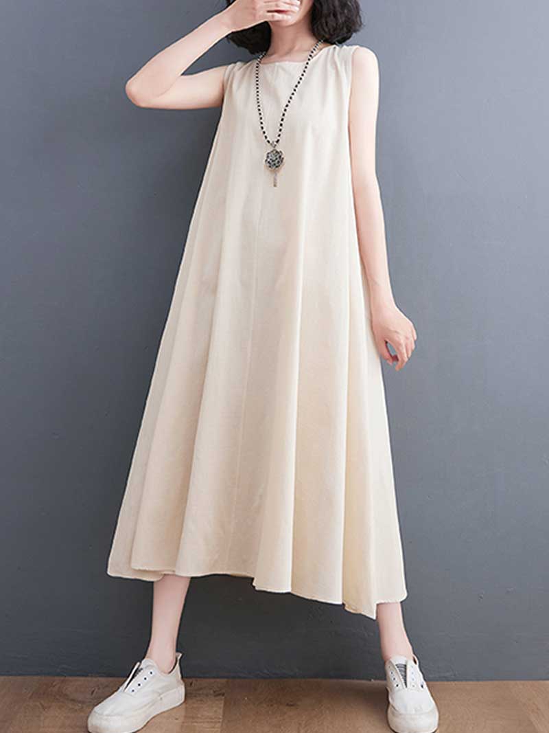Plain Cotton Round Neck Sleeveless Midi Dress