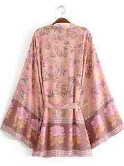 Short Kimono Floral Print Pink Cotton Viscose Short Length Gown Kimono Duster Robe