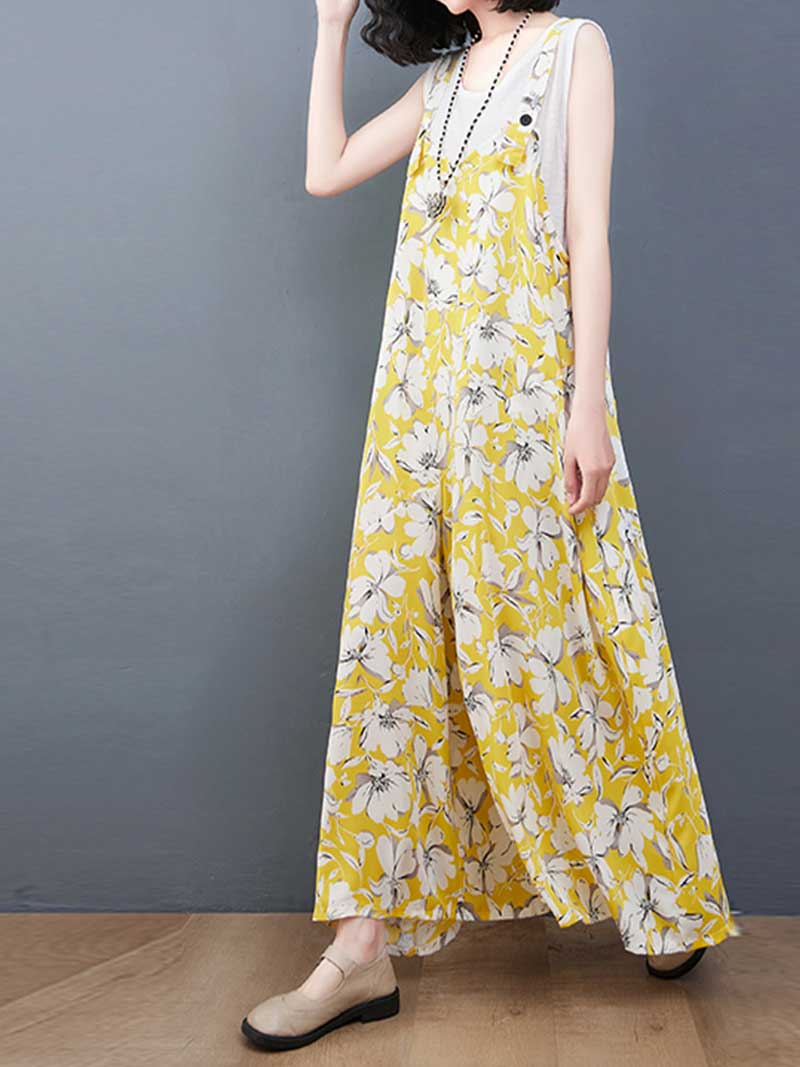 Floral Print Cotton Wide-Leg Overall Jumpsuit