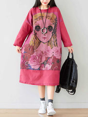 Give Me a Memory Round Neck Cartoon Sweater Midi Dress