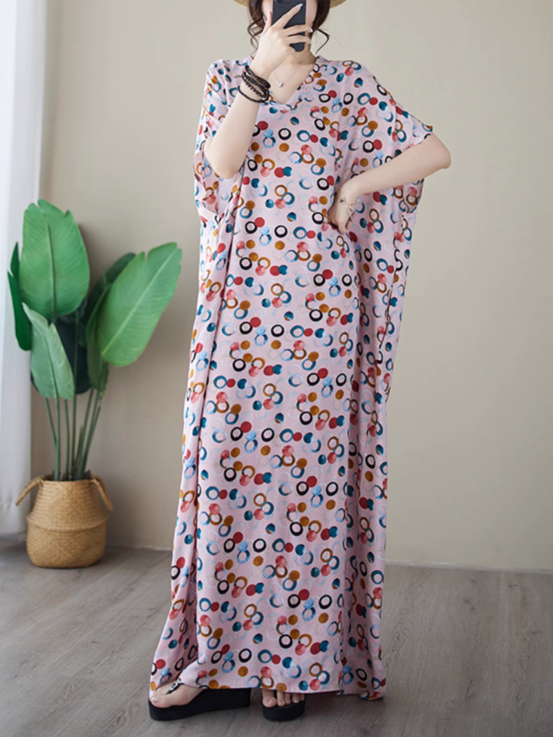 Robe caftan imprimée à gros pois et col en V