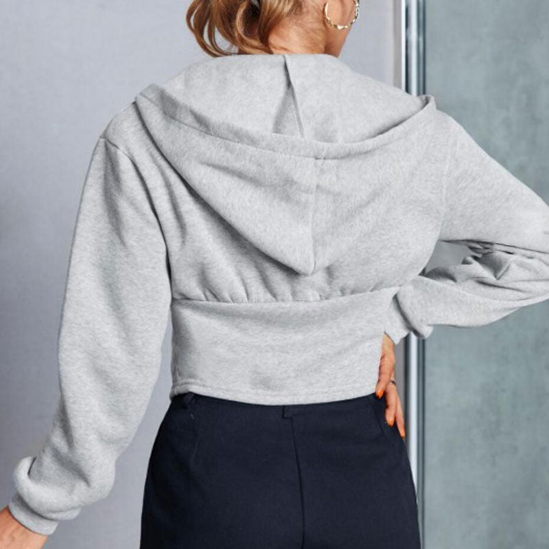 Chic Hook and Eye Detail Drop Shoulder Long Sleeve Deep V Cropped Hoodie - Gray