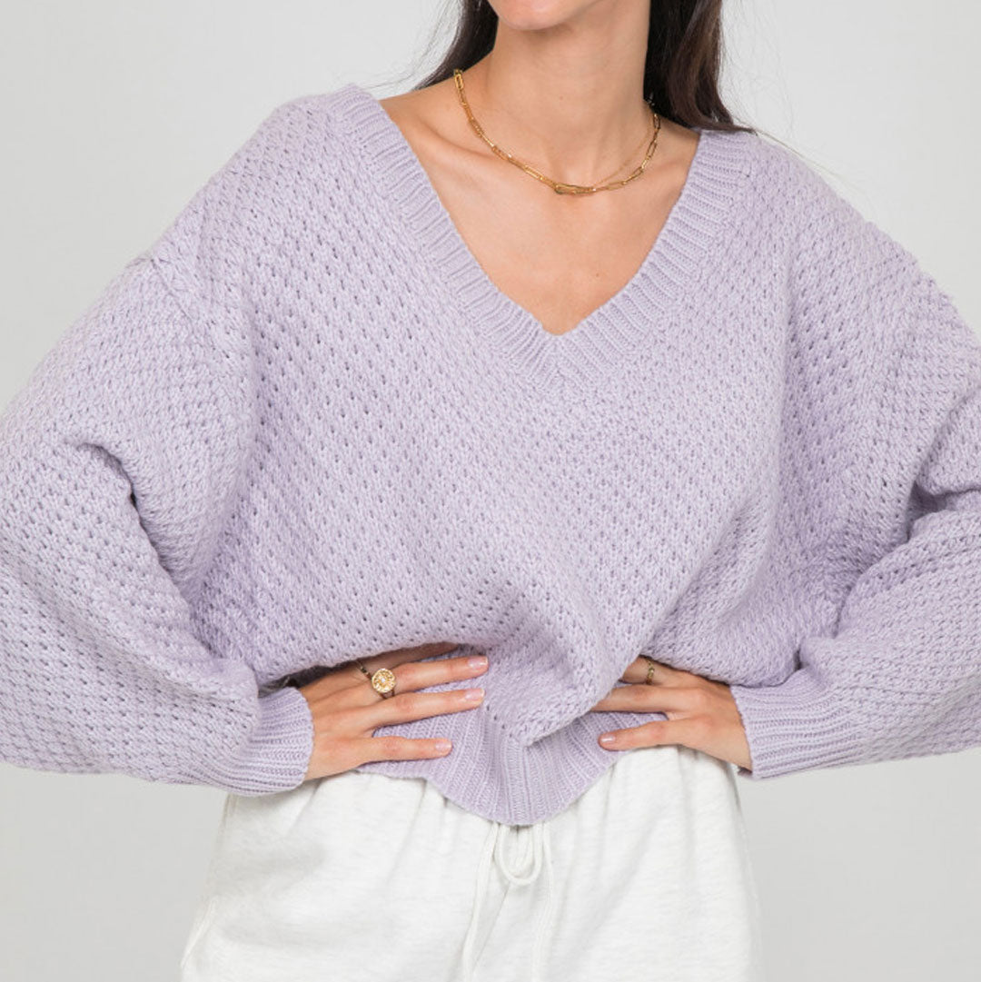 Flattering V Neck Drop Shoulder Bishop Sleeve Rib Knit Sweater - Purple