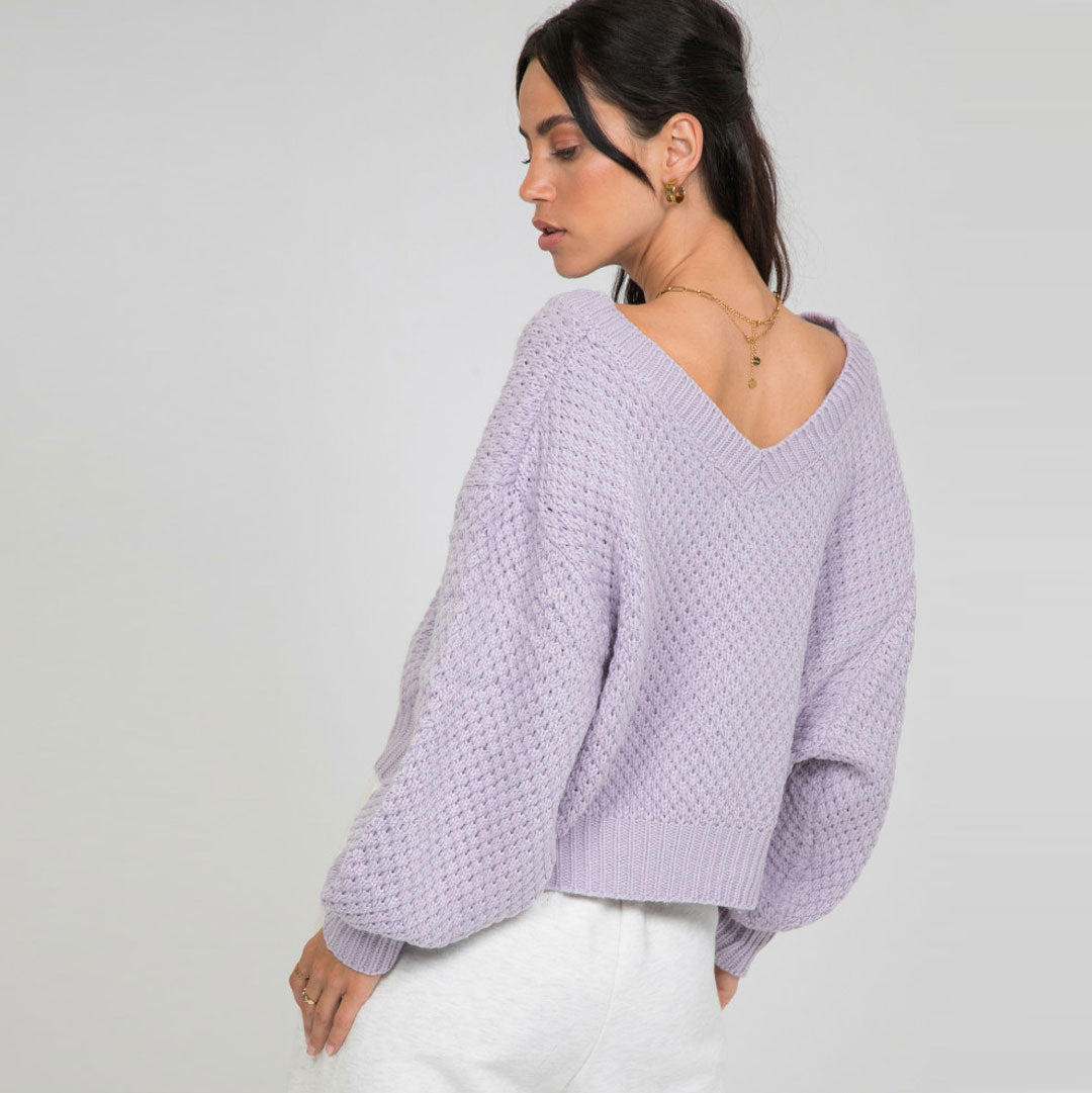 Flattering V Neck Drop Shoulder Bishop Sleeve Rib Knit Sweater - Purple