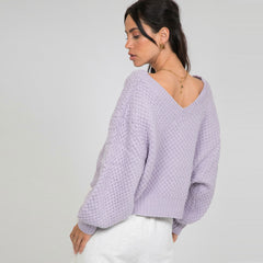 Flattering V Neck Drop Shoulder Bishop Sleeve Rib Knit Sweater - Purple