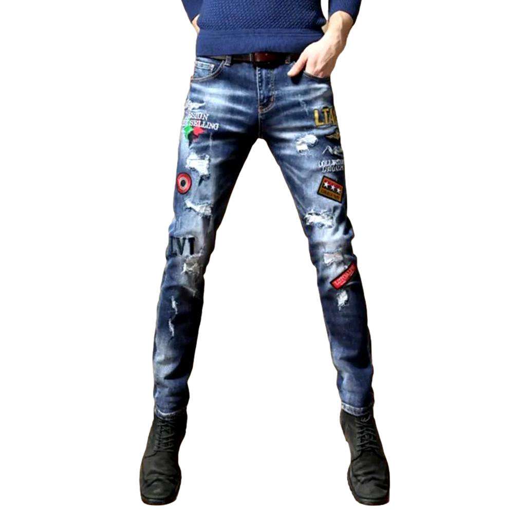 Whiskered embroidery men's jeans