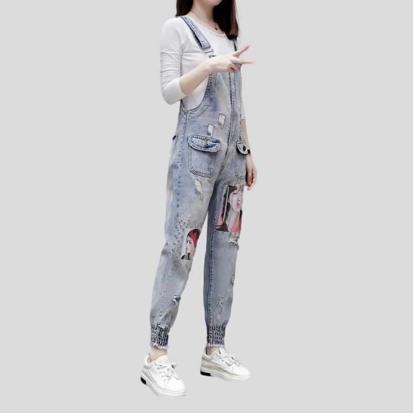 Women's paintings print denim jumpsuit