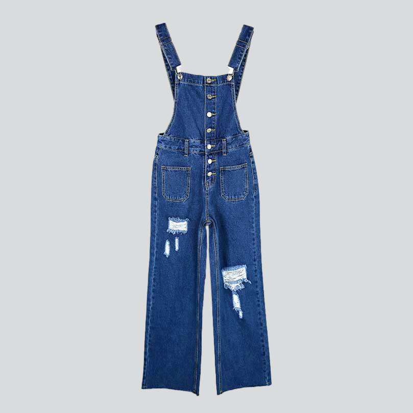 Wide-leg distressed women's denim jumpsuit