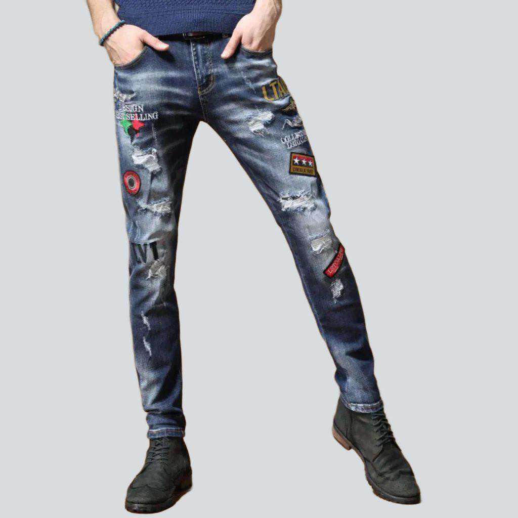 Whiskered embroidery men's jeans