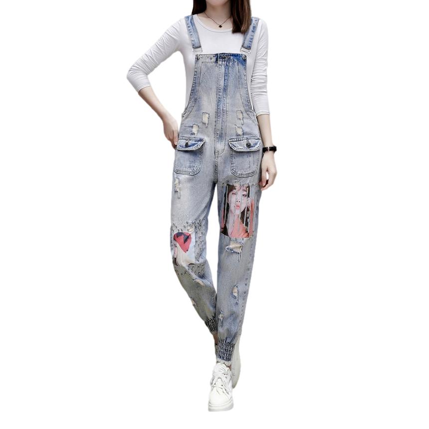 Women's paintings print denim jumpsuit