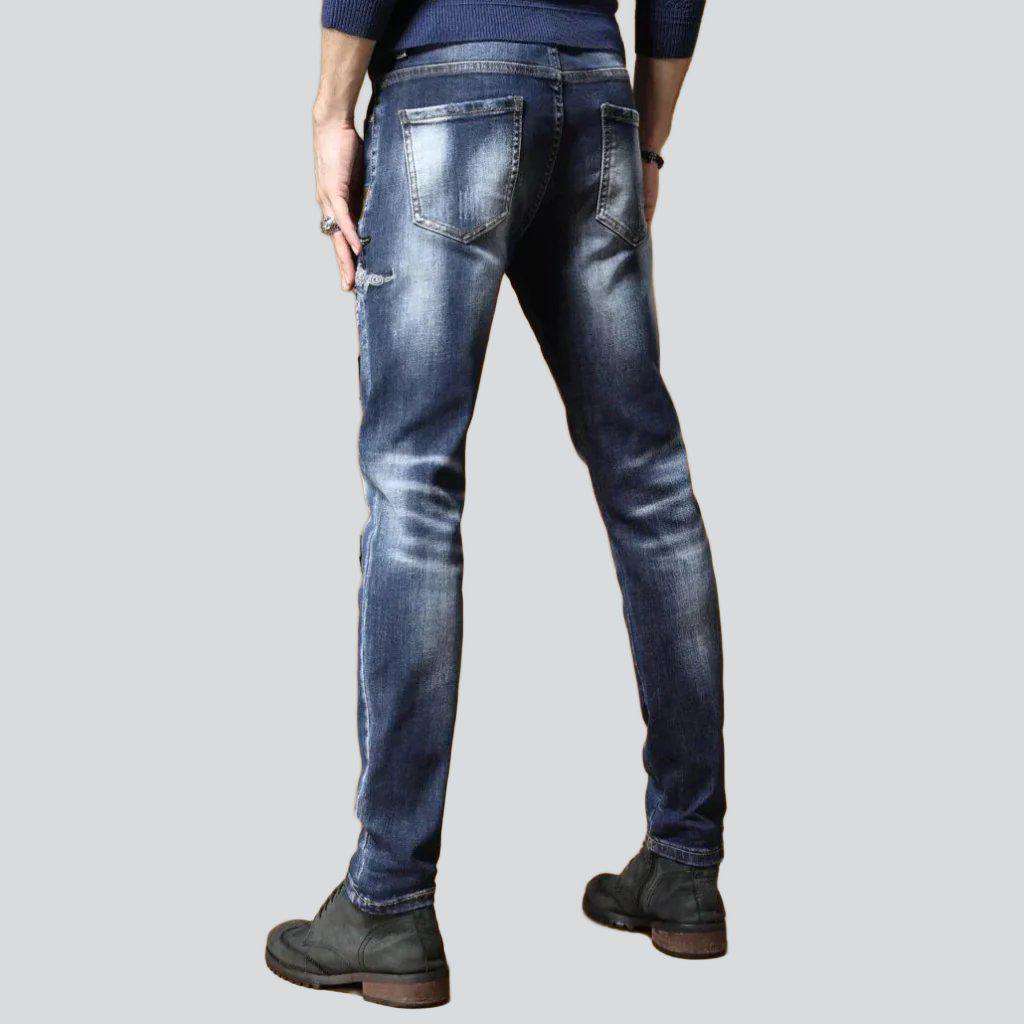 Whiskered embroidery men's jeans