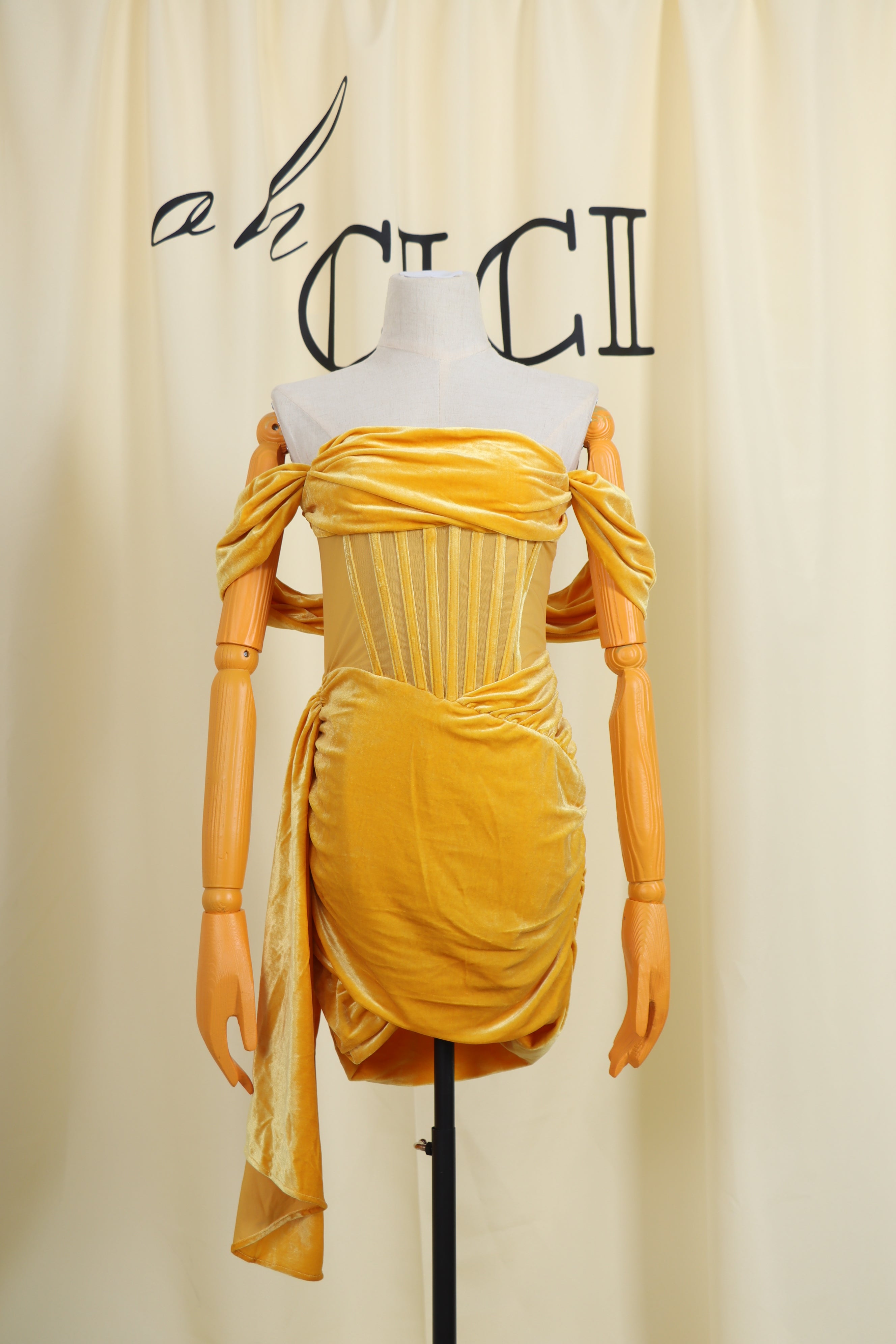 Yellow DRAPinG Off Shoulder Corset Dress