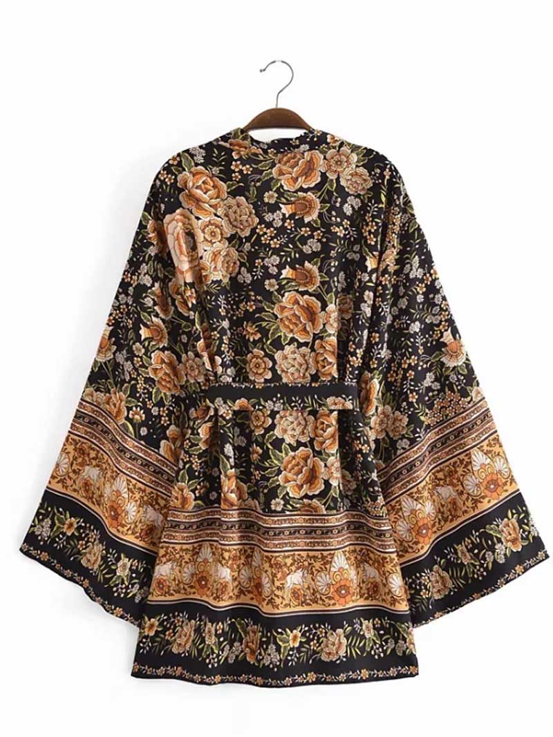 Robe kimono courte en coton à imprimé floral de couleur noire