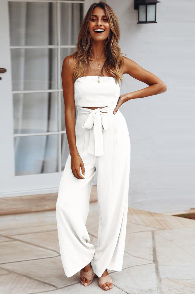 Casual Loose Strapless Belted Jumpsuit