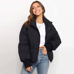 Oversized Stand Collar Side Pocket Zip Front Long Sleeve Puffer Jacket - Black