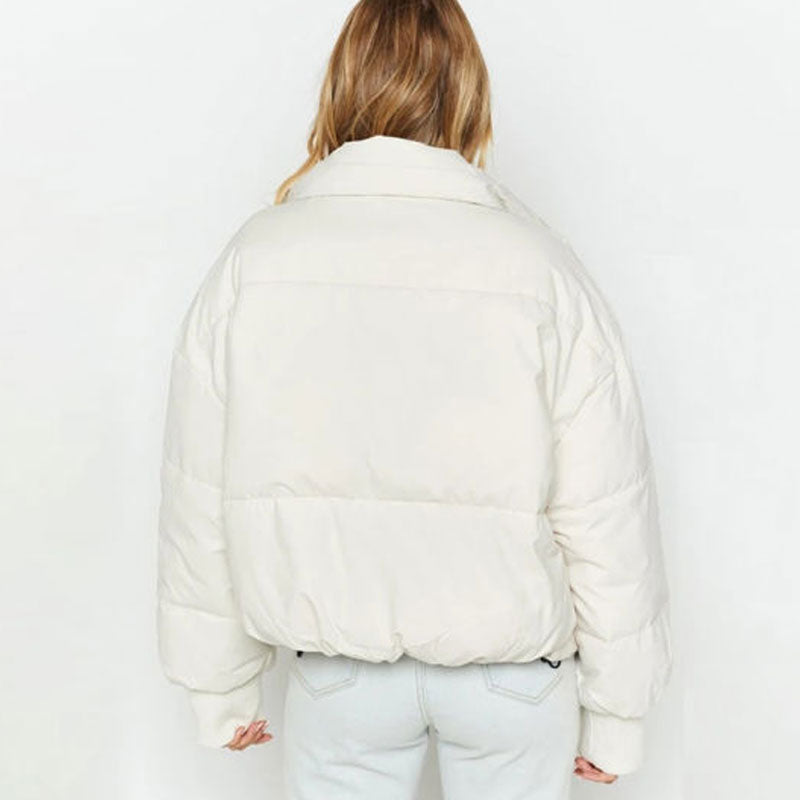Oversized Stand Collar Side Pocket Zip Front Long Sleeve Puffer Jacket - White