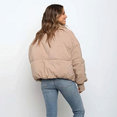 Oversized Stand Collar Side Pocket Zip Front Long Sleeve Puffer Jacket - Khaki