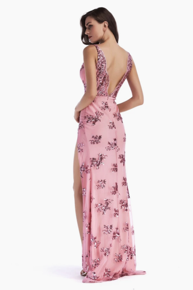 Robe longue à sequins dos nu