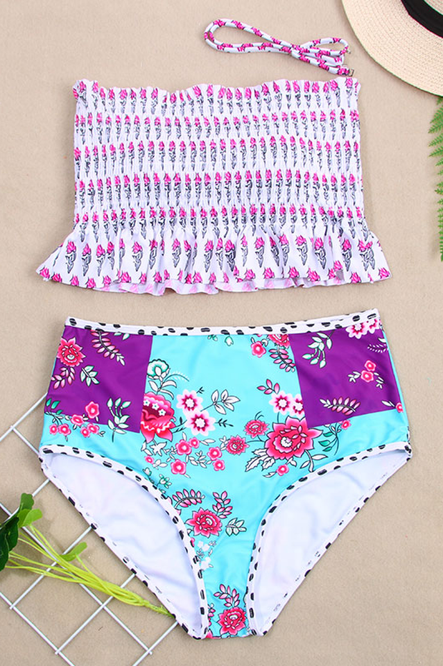 Bikini-Set mit hoher Taille und Blumenmuster