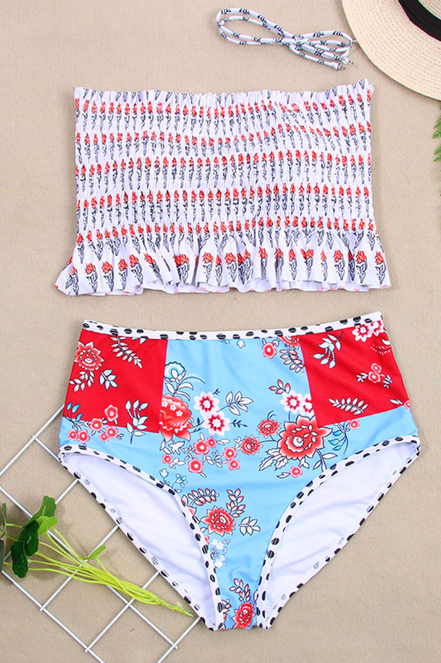 Bikini-Set mit hoher Taille und Blumenmuster