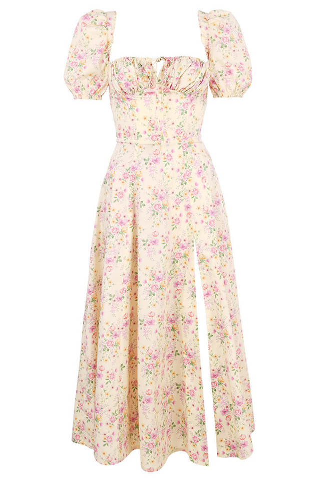 Robe mi-longue bohème à manches bouffantes et à fleurs