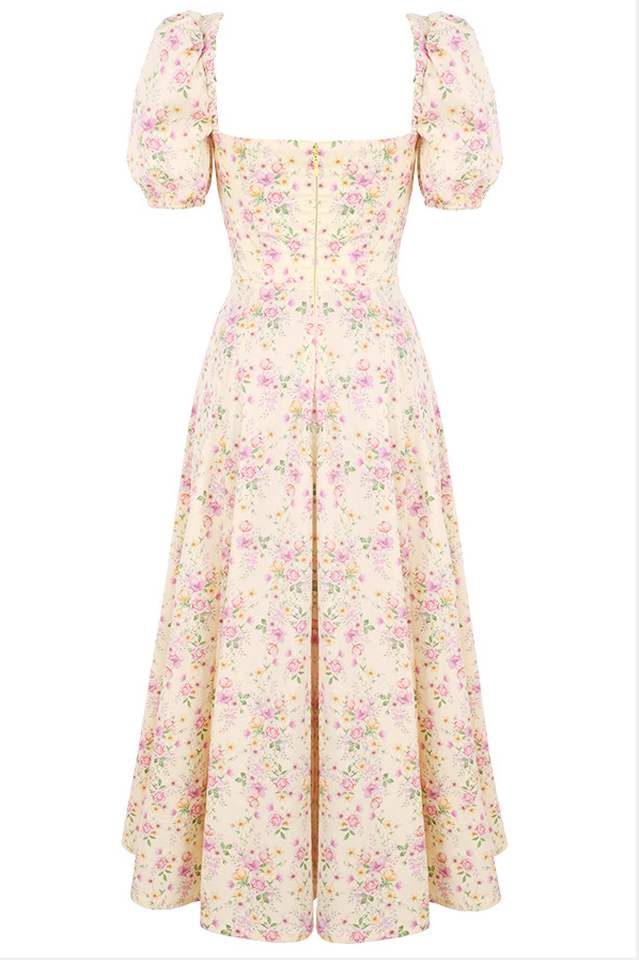 Robe mi-longue bohème à manches bouffantes et à fleurs