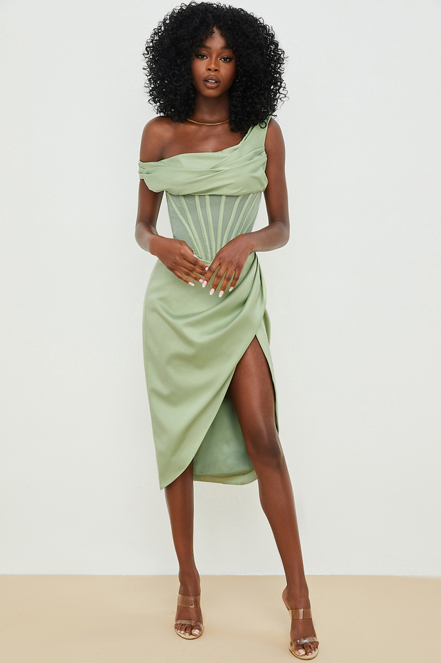 Asymmetric Drape Midi Corset Dress