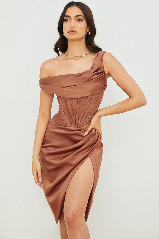 Asymmetric Drape Midi Corset Dress