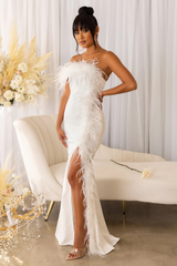 Asymmetrical Feather Detail Maxi Dress