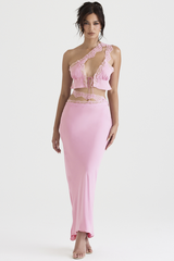 Pink Floaty Cropped Top+Lace Trim Maxi Skirt