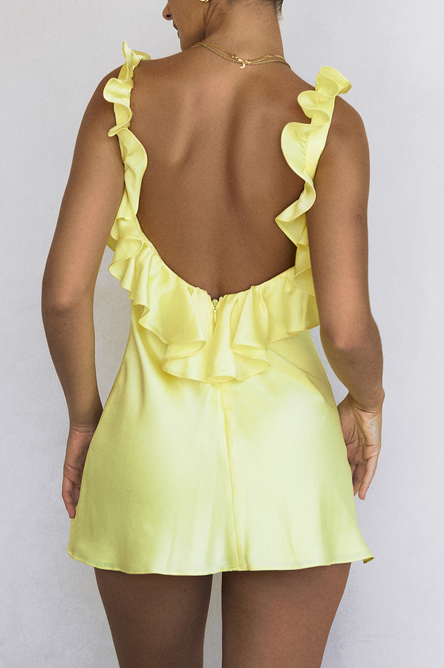 Yellow Silk Satin Ruffle Mini Dress DVL Shop Yellow Silk Satin Ruffle Mini Dress DVL Shop