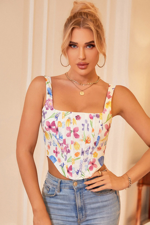 Floral Print Hanky Hem Zip Back Tank Top
