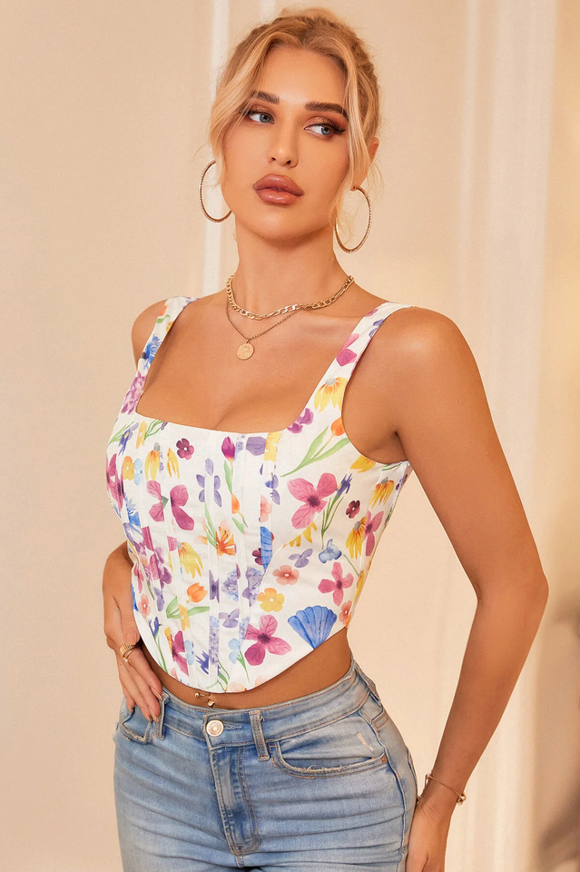 Floral Print Hanky Hem Zip Back Tank Top