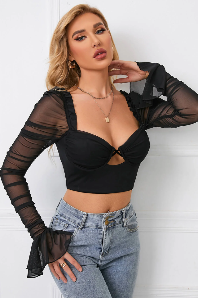 Flounce Sleeve Cut Out Ruched Top