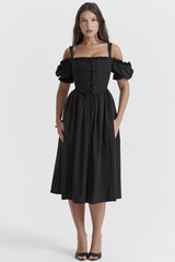 Robe d'été mi-longue noire à manches bouffantes Silvana