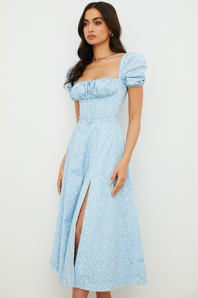 Robe mi-longue à imprimé bleu ivoire Tallulah