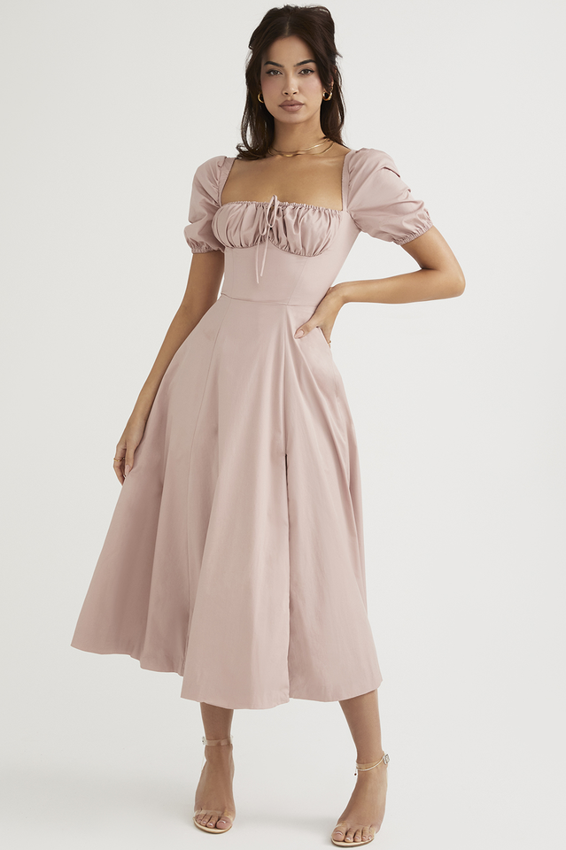 Robe mi-longue à manches bouffantes rose rouge