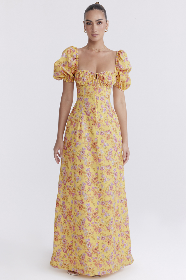 Felizia Yellow Floral Puff Sleeve Maxi Dress