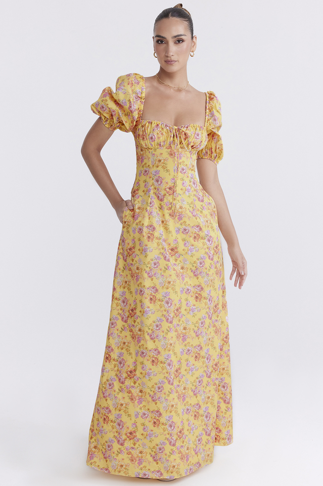 Felizia Yellow Floral Puff Sleeve Maxi Dress