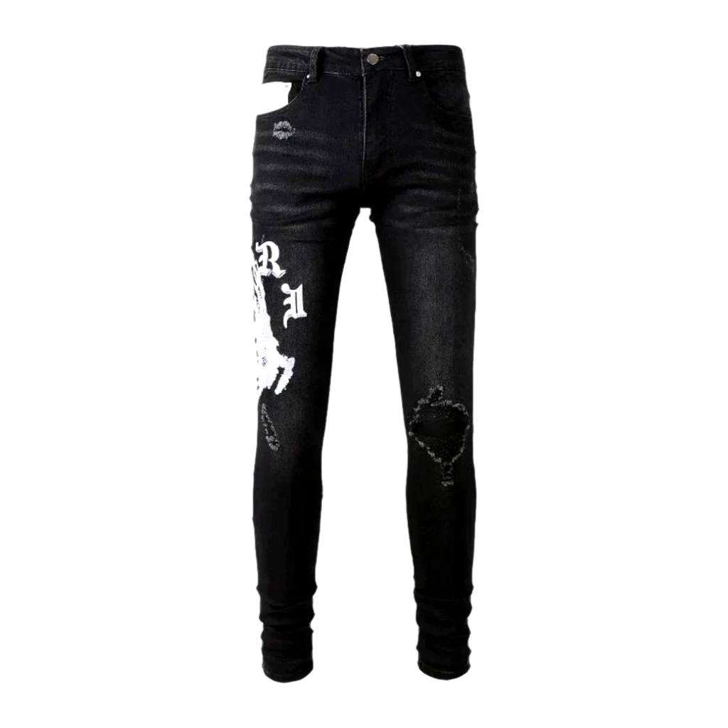 White embroidery black skinny jeans