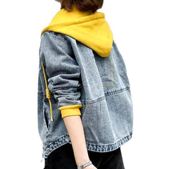 Veste en jean brodée à capuche jaune