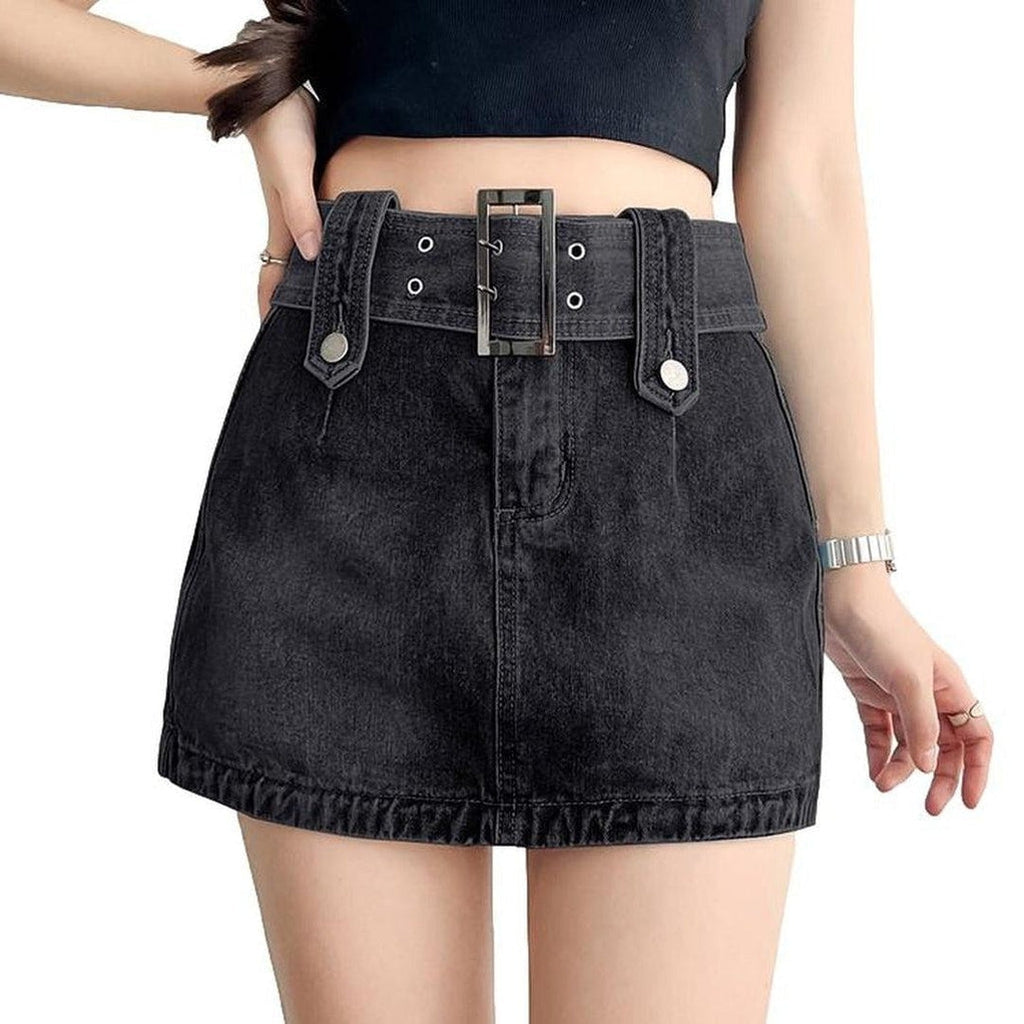 Wide belt mini denim skirt