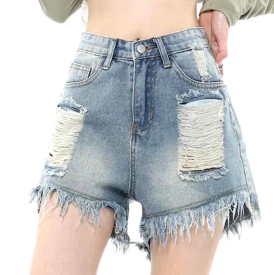 Wide-leg ripped women's denim shorts