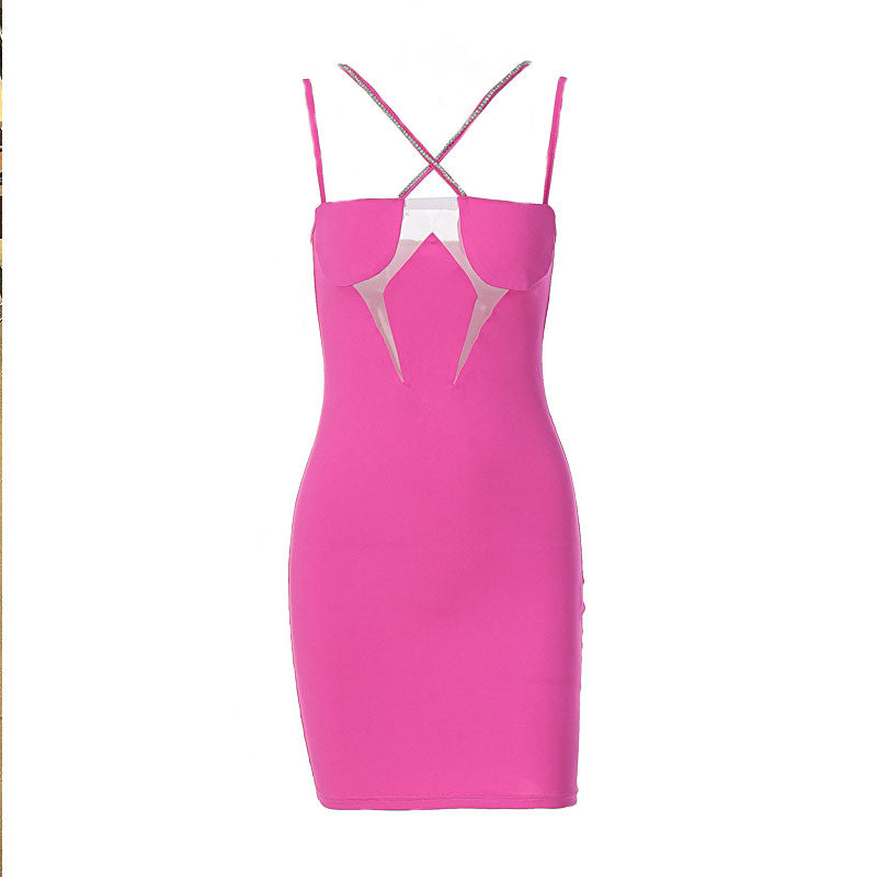 Crisscross Rhinestone Detail Sheer Mesh Party Mini Dress - Hot Pink