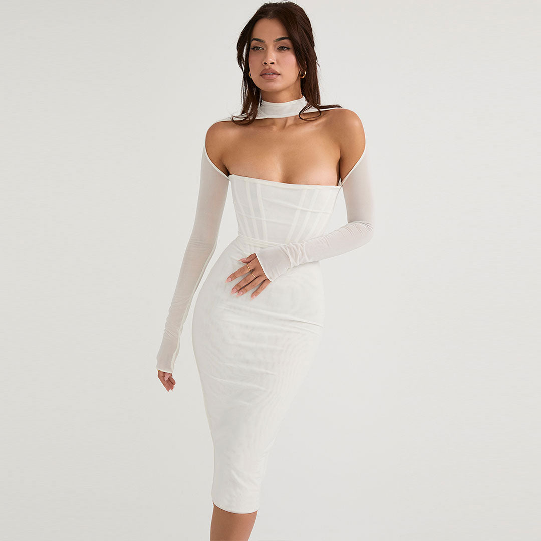 Bodycon-Cocktail-Midikleid mit langen Ärmeln und Cut-Outs aus Netzstoff - Weiß