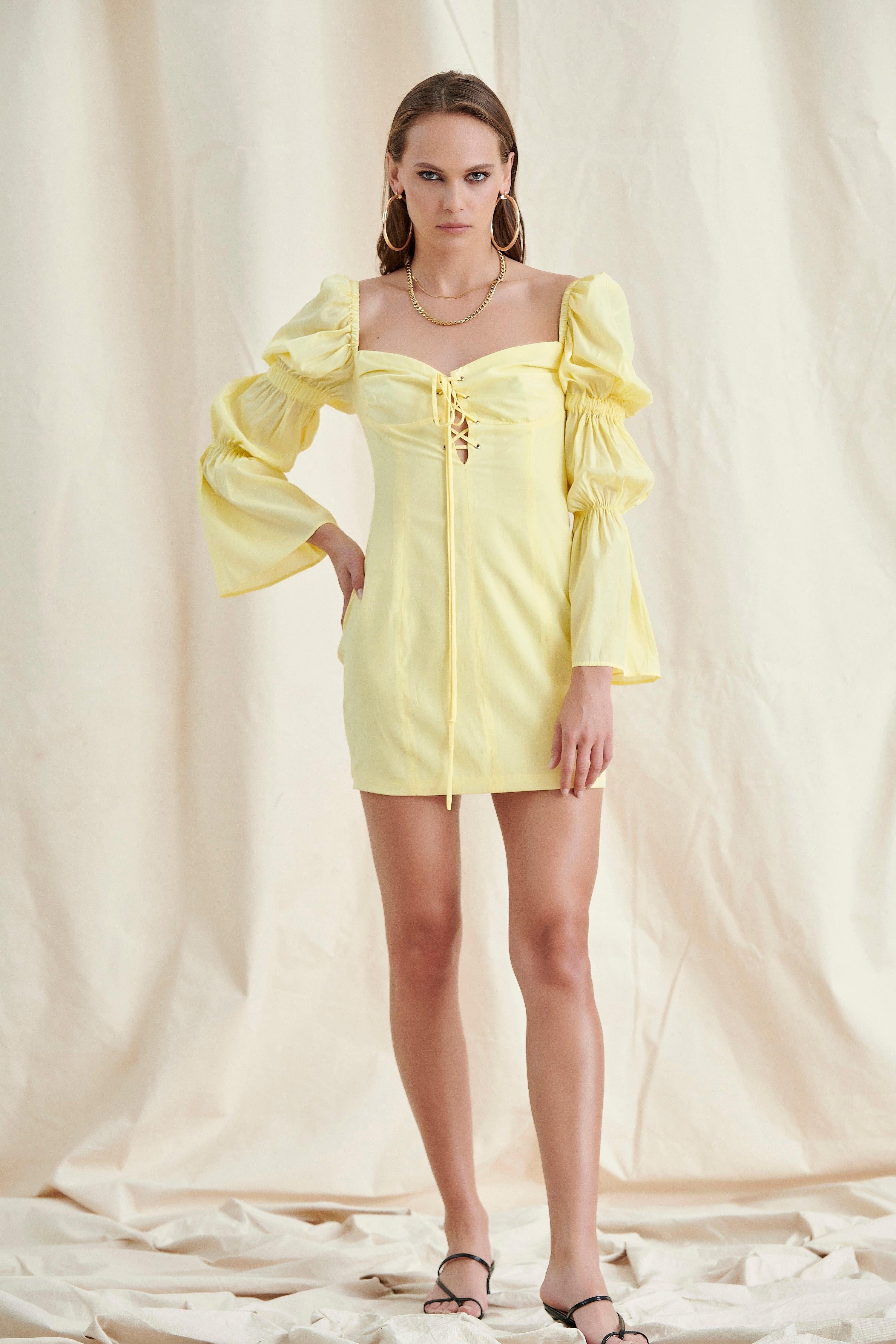 Yellow Lace UP Puff Sleeve Mini Dress